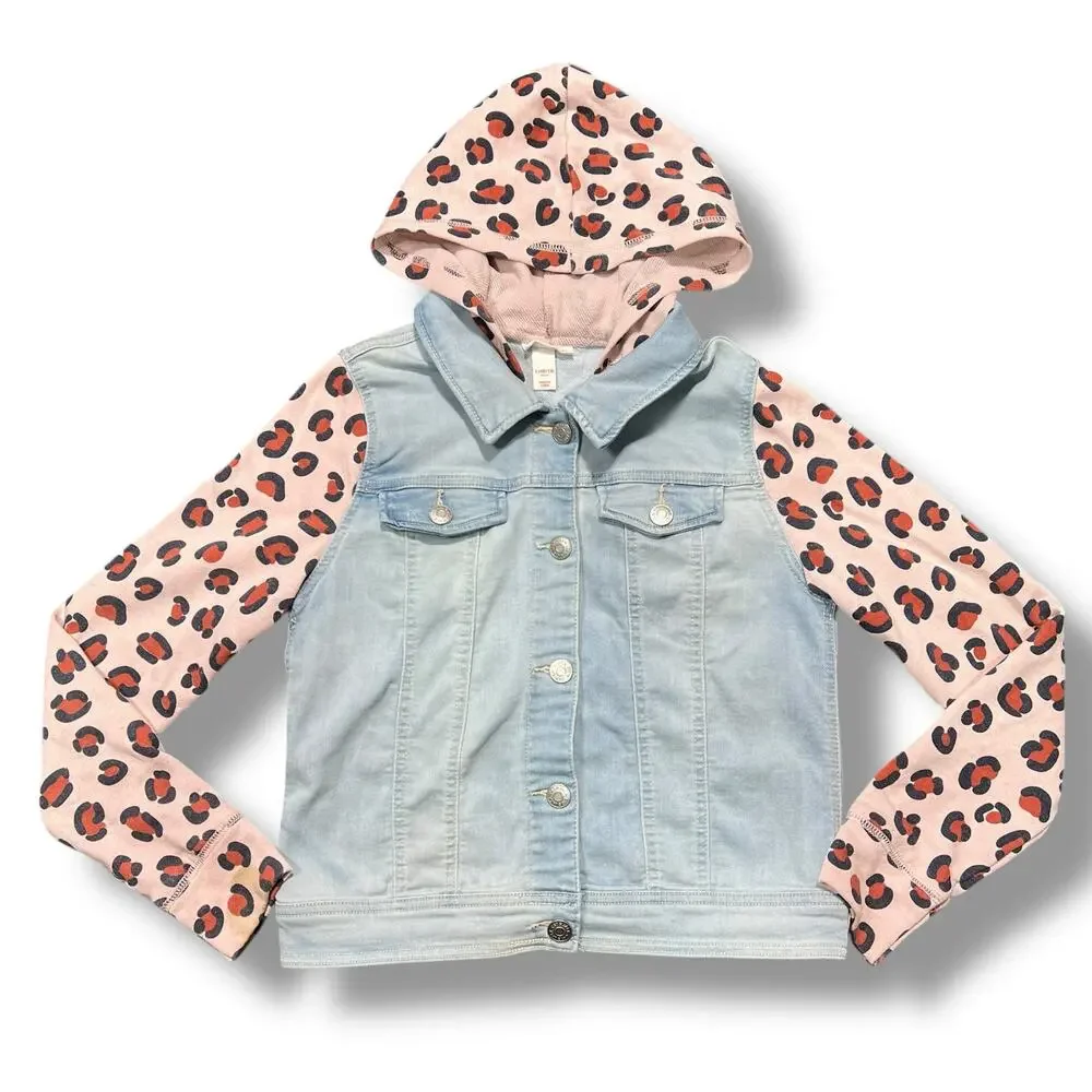 Cat & Jack Girls Denim Jean Jacket Hooded Long Sleeves Animal Print Hooded Large